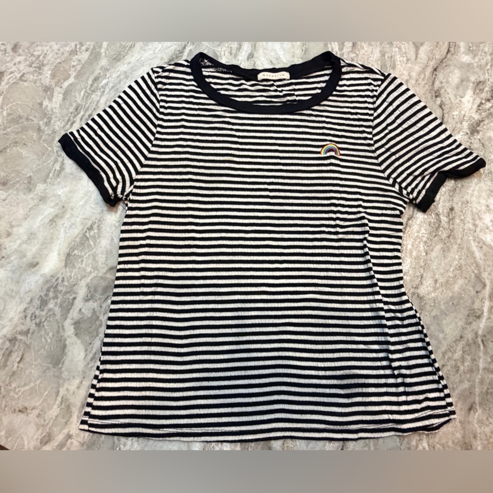 Occasion Black White Striped Rainbow Patch Ribbed Top S M